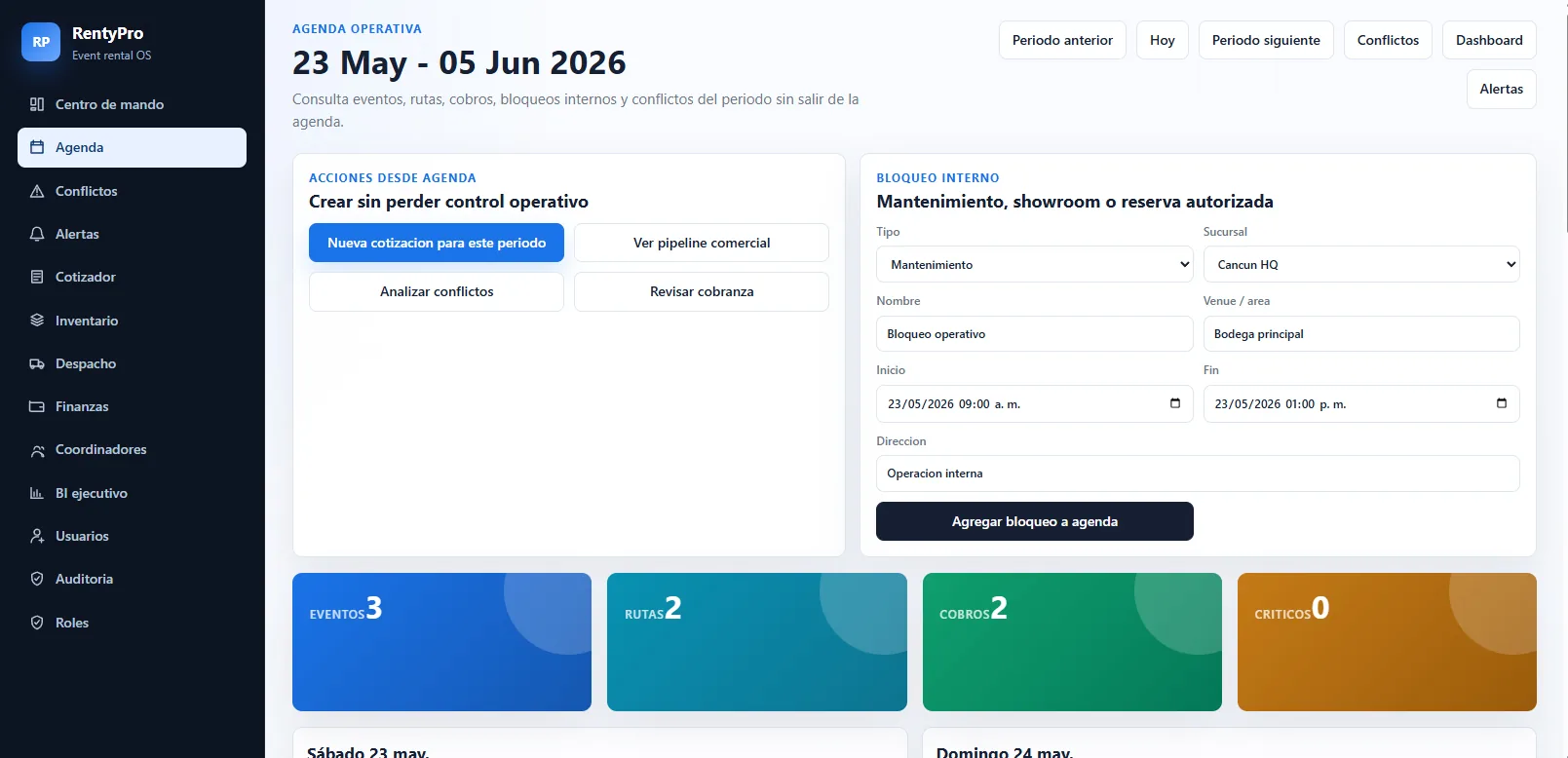 Agenda operativa con eventos y bloqueos