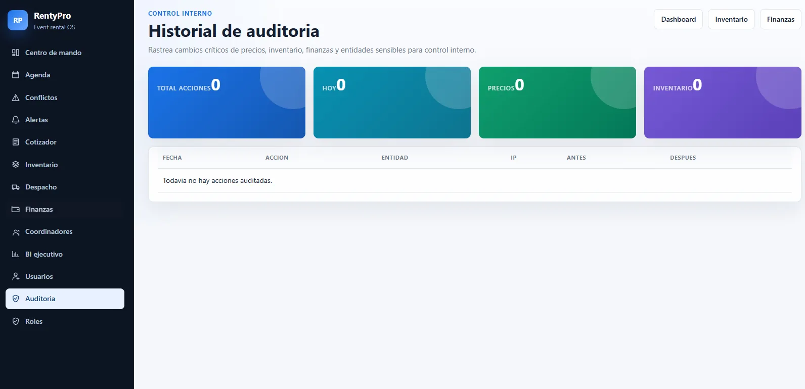 Historial de auditoría de cambios críticos