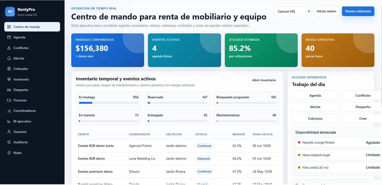 Centro de mando de RentyPro con agenda, inventario, cobranza y rutas