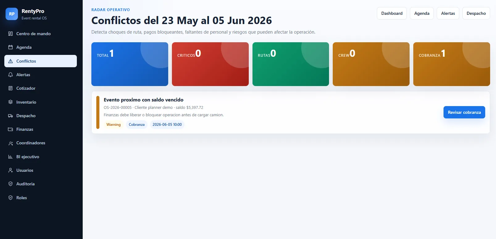 Radar de conflictos de rutas, pagos y personal